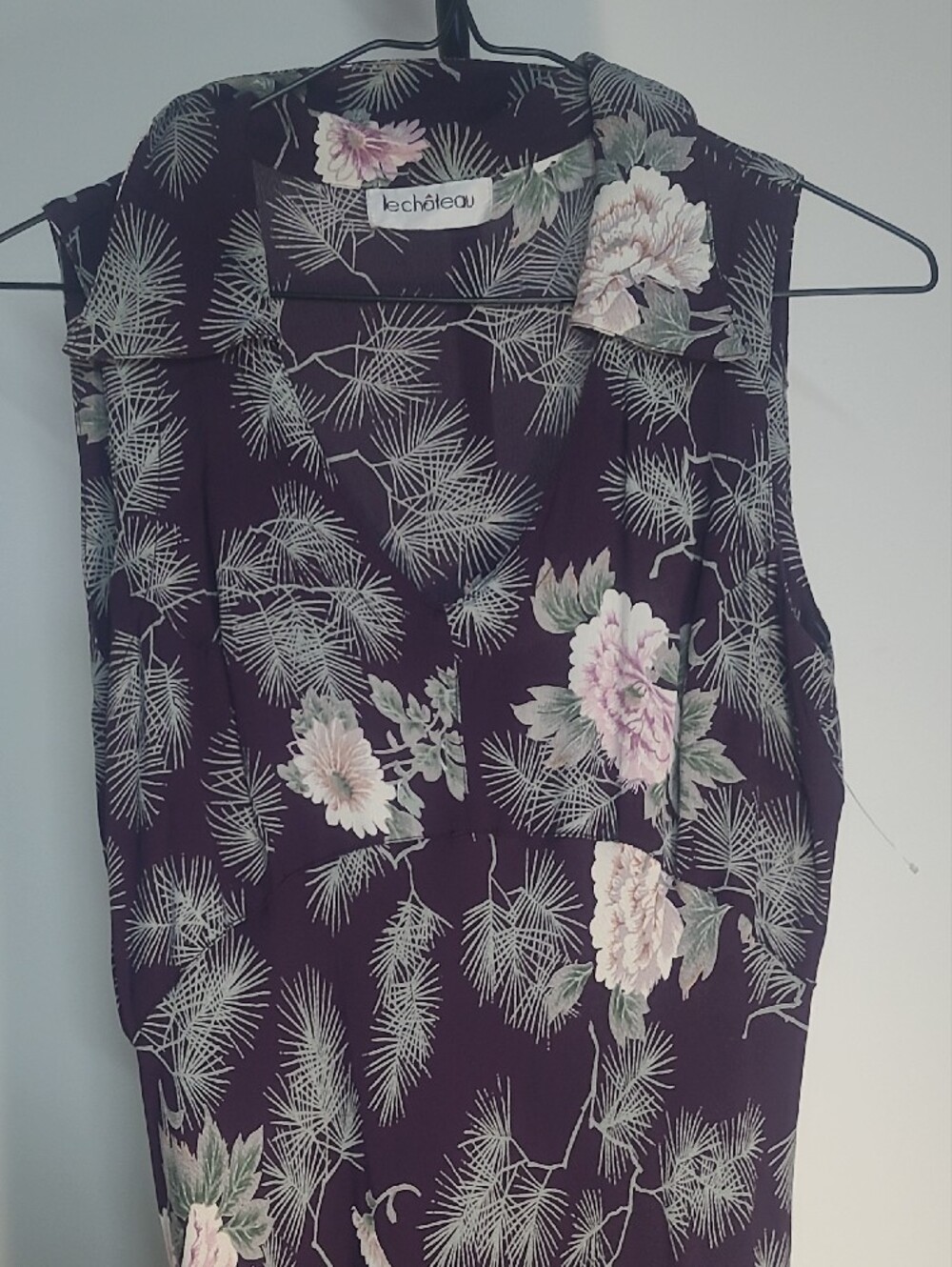Le Chateau Burgundy Dress with Pink Floral Accents Vintage Sz Small - Picture 2 of 6